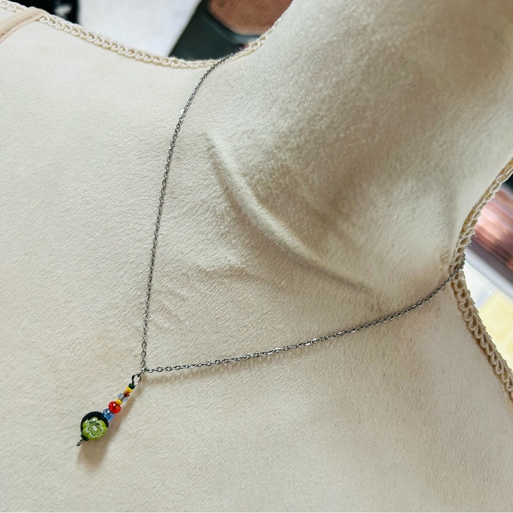 Handcrafted millefiori glass beaded pendant on chain necklace